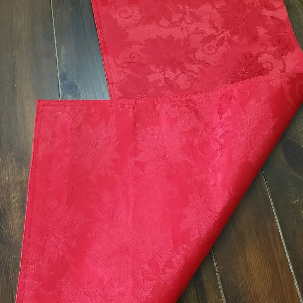 Table Runner Red Sateen Jacquard Poinsettias 2-sided 70x13